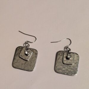 Vintage Silver Double‎ Square Rhinestones Dangle Earrings